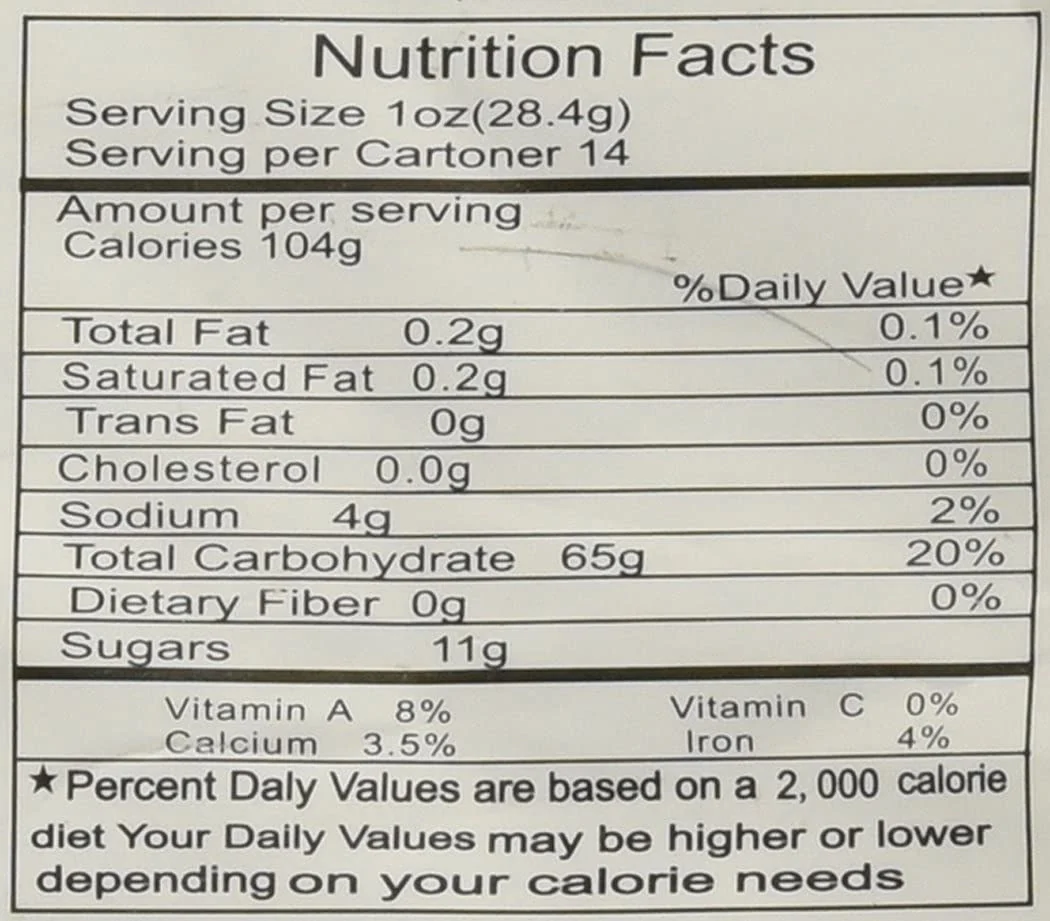 Nutrition Facts panel on the importer's label of the Hongyuan guava bag