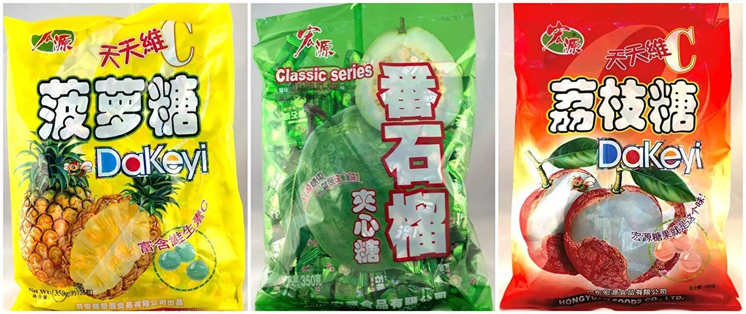 Three bags of Hongyuan hard candy: pineapple, guava, lychee